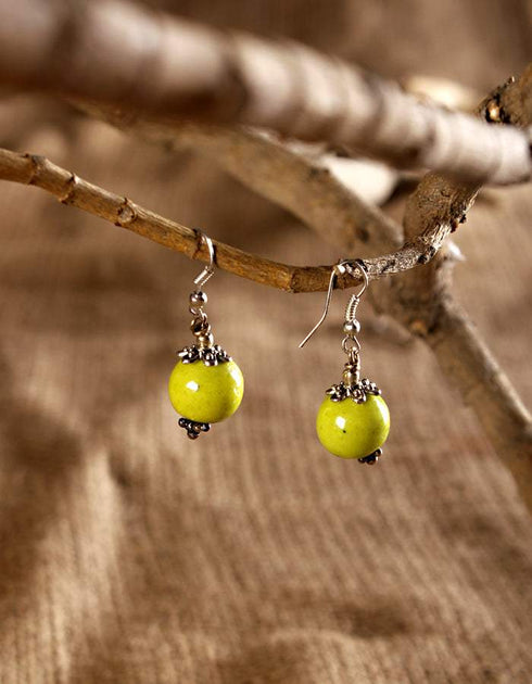 Single Blue Pottery Bead Earrings (Lime Green)